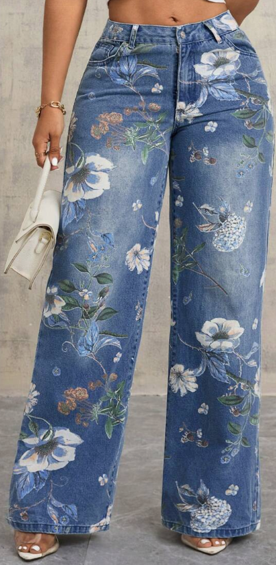 Women's Floral Print Pocket Straight Leg Casual Jeans