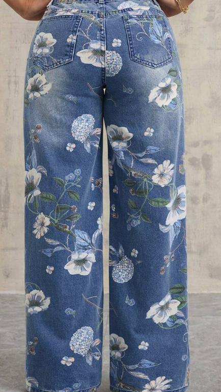 Women's Floral Print Pocket Straight Leg Casual Jeans