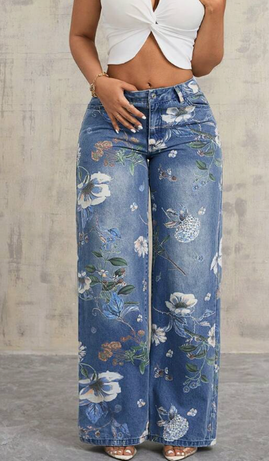 Women's Floral Print Pocket Straight Leg Casual Jeans