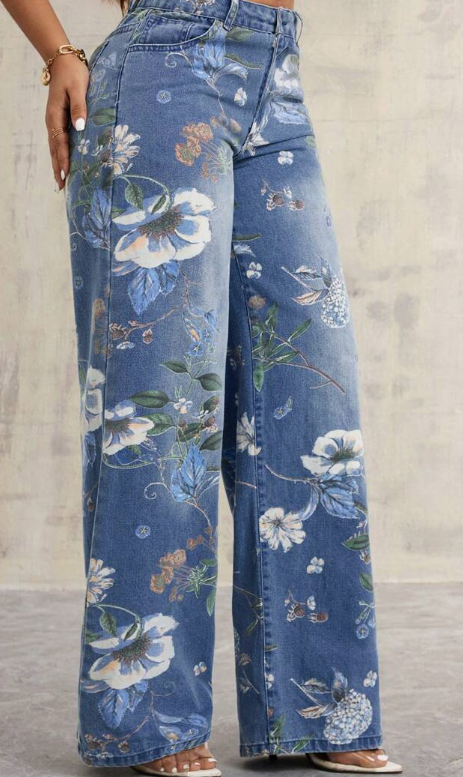 Women's Floral Print Pocket Straight Leg Casual Jeans