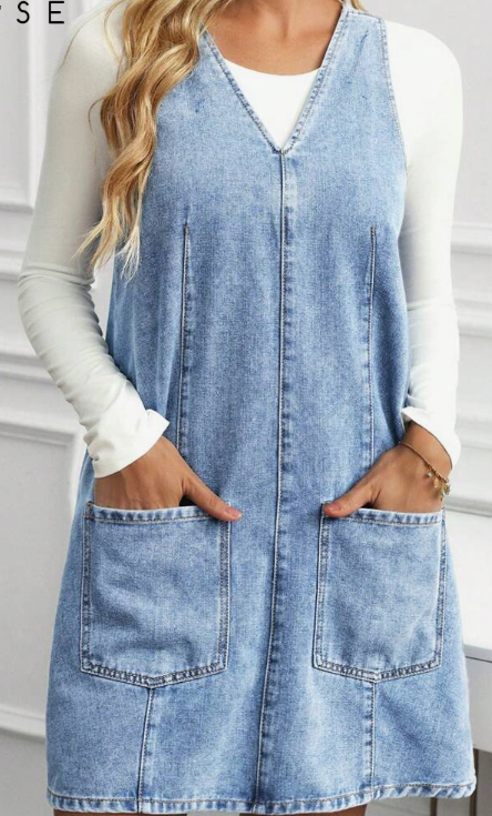 EMERY ROSE Women's V-Neck Sleeveless Casual Denim Bib Dress With Dual Pockets