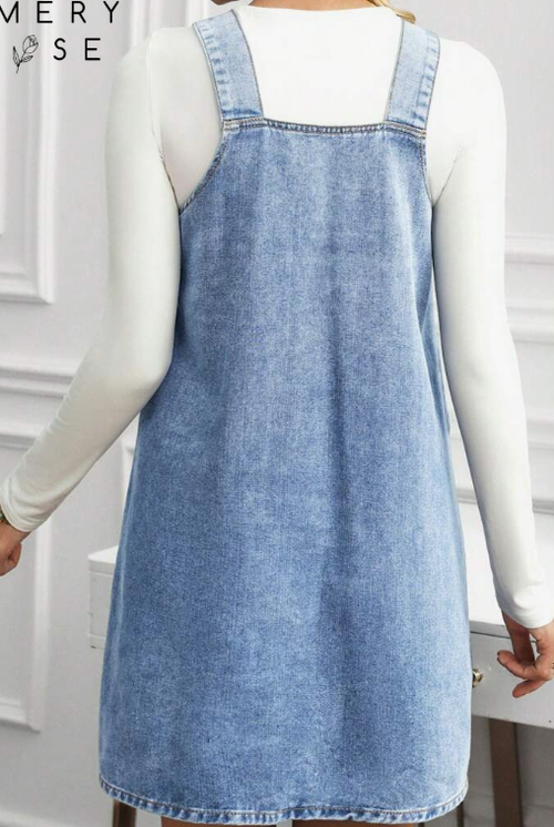 EMERY ROSE Women's V-Neck Sleeveless Casual Denim Bib Dress With Dual Pockets