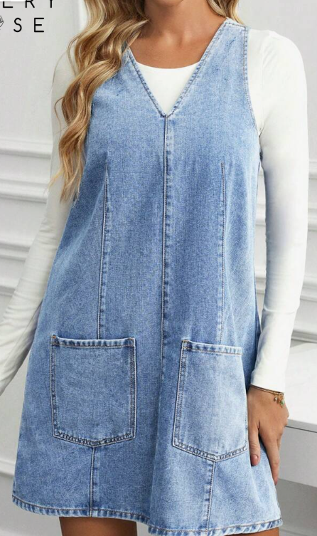 EMERY ROSE Women's V-Neck Sleeveless Casual Denim Bib Dress With Dual Pockets