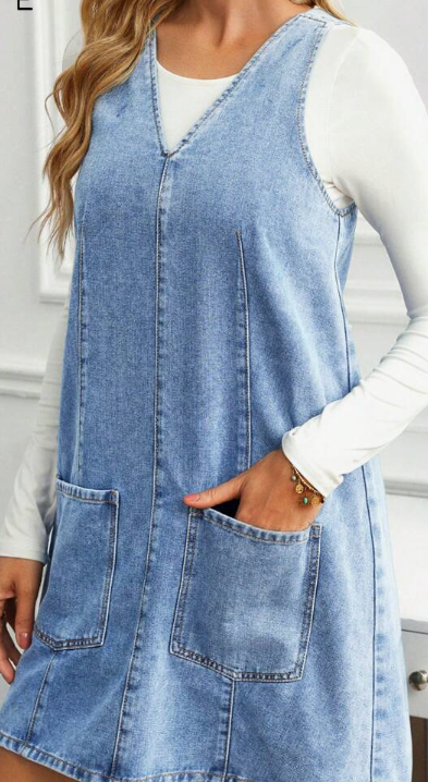 EMERY ROSE Women's V-Neck Sleeveless Casual Denim Bib Dress With Dual Pockets
